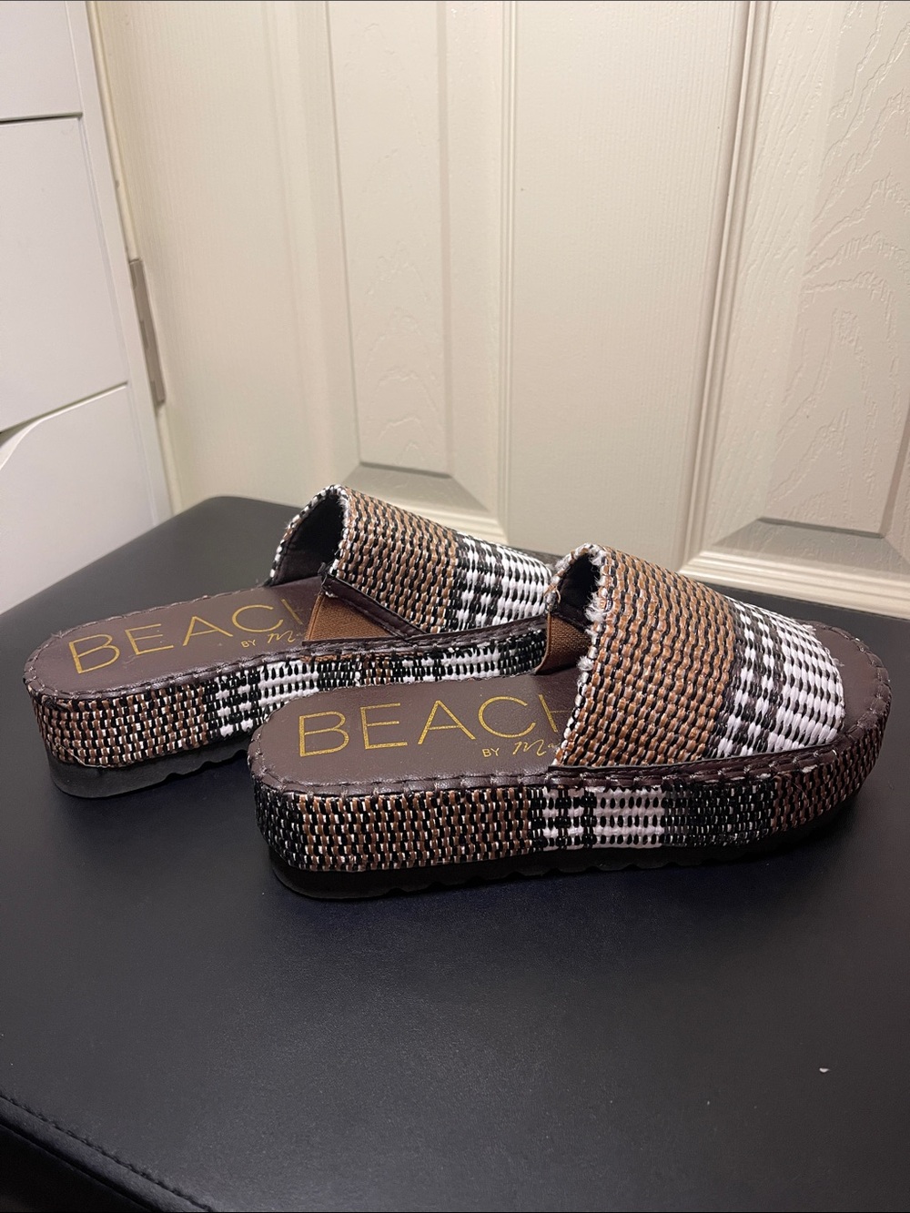 BEACH by M. Brown & Black Woven Slide Mules